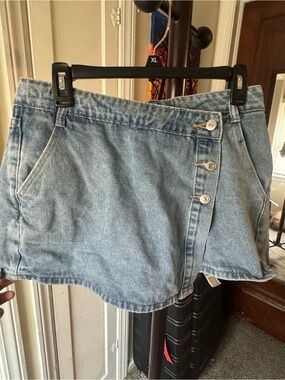 Asymmetrical Light Blue Denim Mini Skort with Side Buttons
